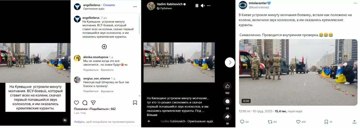 Скриншоты из различных источников новости о том, что на Киевщине попрощались с погибшим защитником под «кремлёвские куранты»