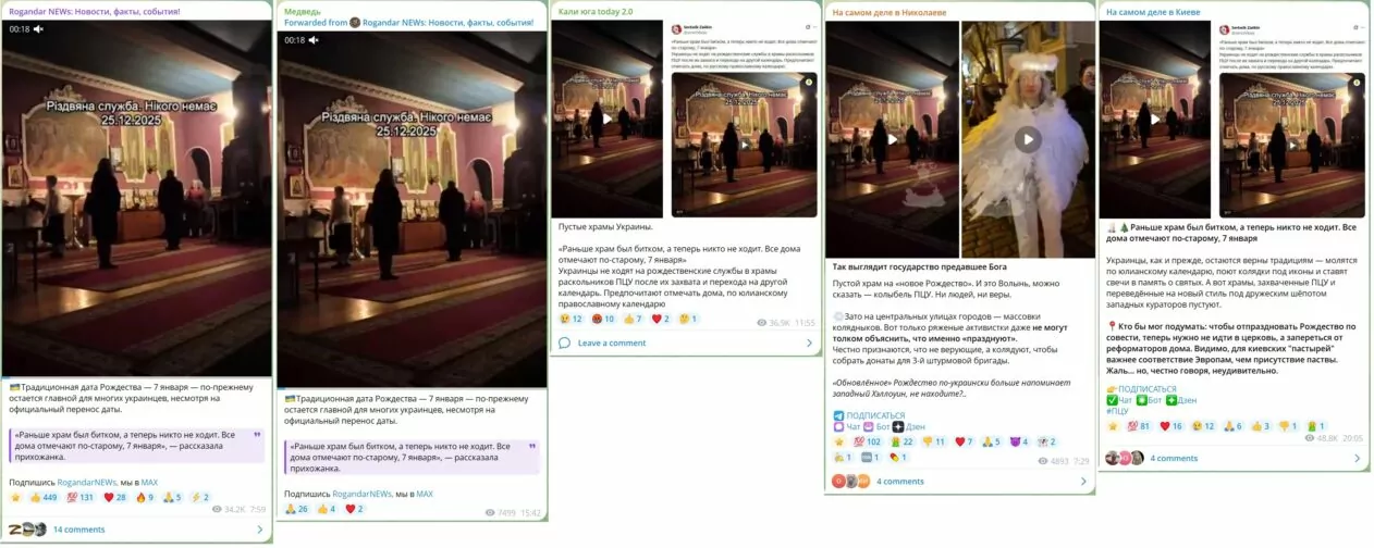 Скриншоты из ТГ-каналов новости о том, что церкви ПЦУ остаются пустыми на Рождественские богослужения