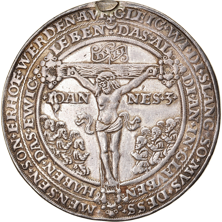 Аверс чумного талера (Pesttaler) 1528 года, выбитый в Йоахимстале